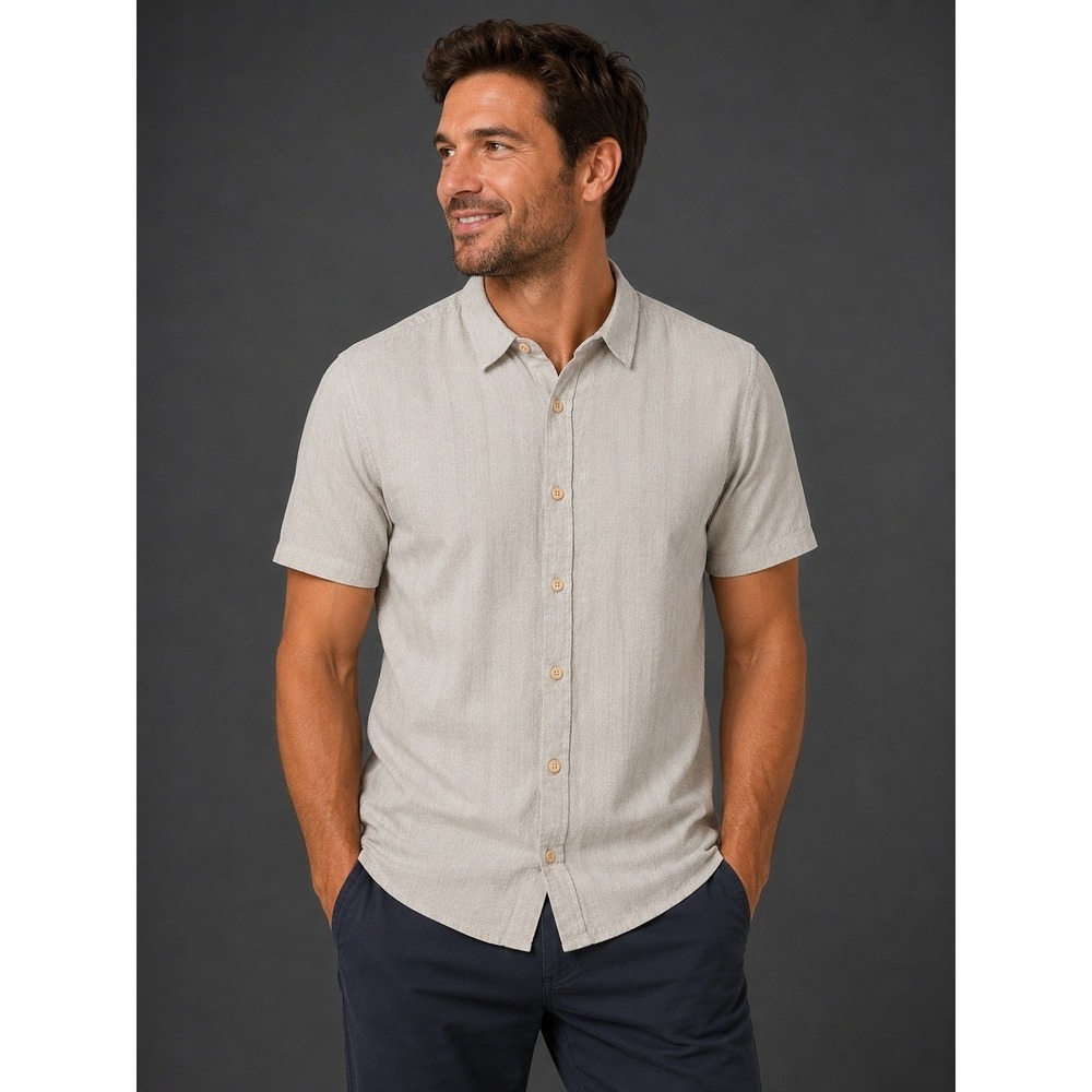 Folk Alphos SS Shirt Mens Medium Sage Green Linen Blend Textured Button Down NEW